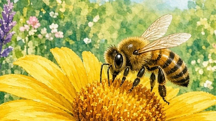 Die Honigbiene sammelt Nektar an der gelben Blüte.