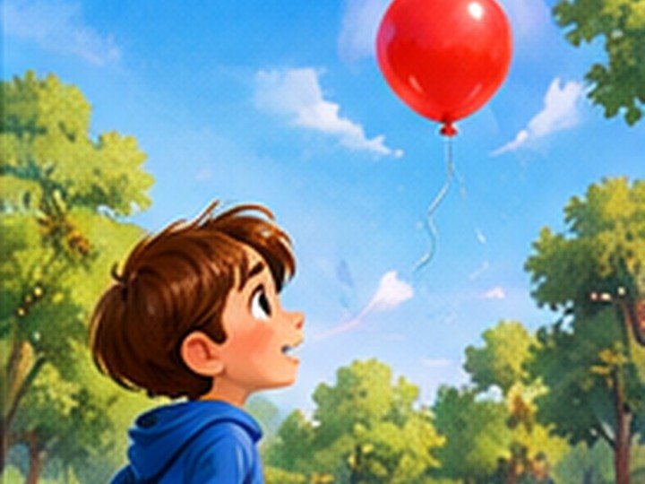 Jonas hält den roten Ballon im sonnigen Park.