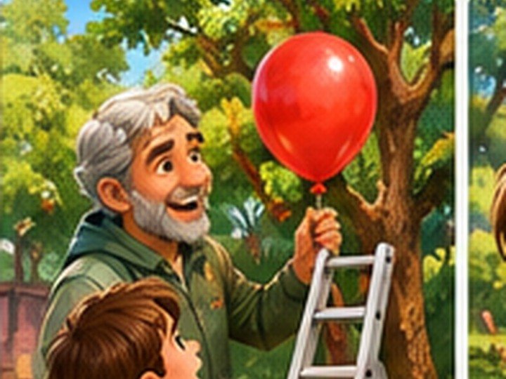Herr Weber löst den Ballon vorsichtig vom Ast.